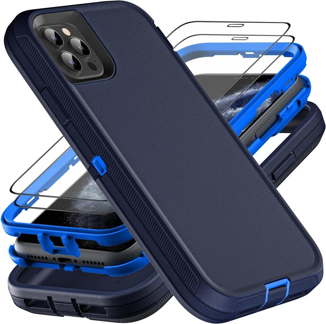YKHJKLEC for iPhone 11 Pro Case, Military Grade 3 in 1 Heavy Duty Shockproof/Drop Proof/Dust Proof Case with 2Pcs Tempered Glass Screen Protector (Navy Blue)