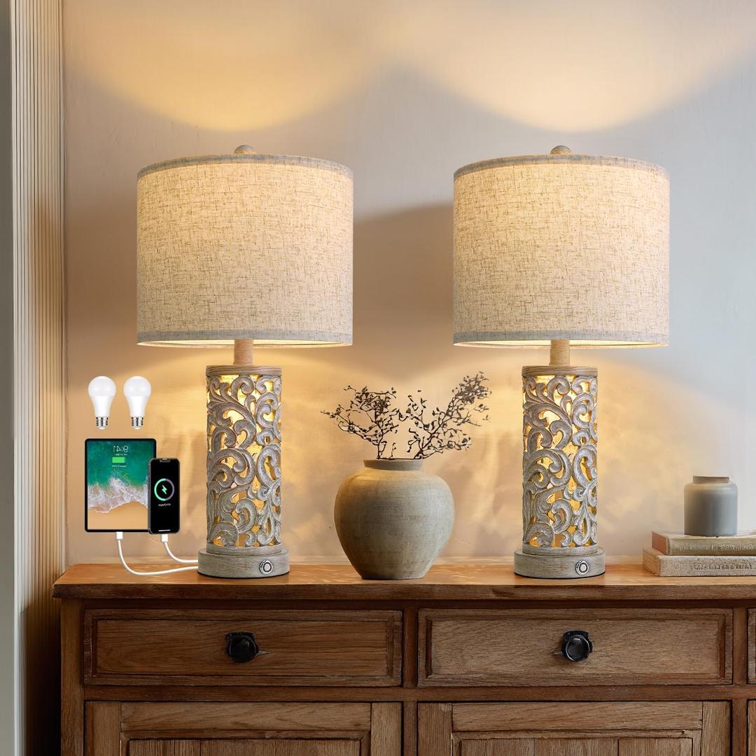 22" Dual Light Table Lamps Set of 2, Touch Lamp with 3-Level Dimming, Lamps for Bedroom with USB A+C Charging Ports, Farmhouse Lamps for Living Room and Night Stands