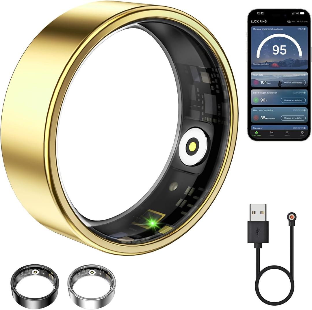 Smart Ring for Women & Men, Fitness Tracker with Heart Rate, Blood Oxygen, Sleep Monitoring, Long-Lasting Battery, IP68 Waterproof, Compatible with iPhone & Android (Gold, 6)