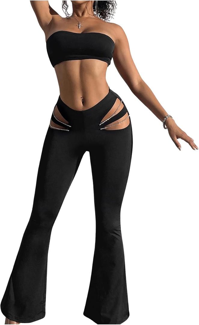 GORGLITTER Women's Rave Cut Out Pants High Waisted Flare Leg Y2K Going Out Pants Disco Bell Bottom Trousers, S