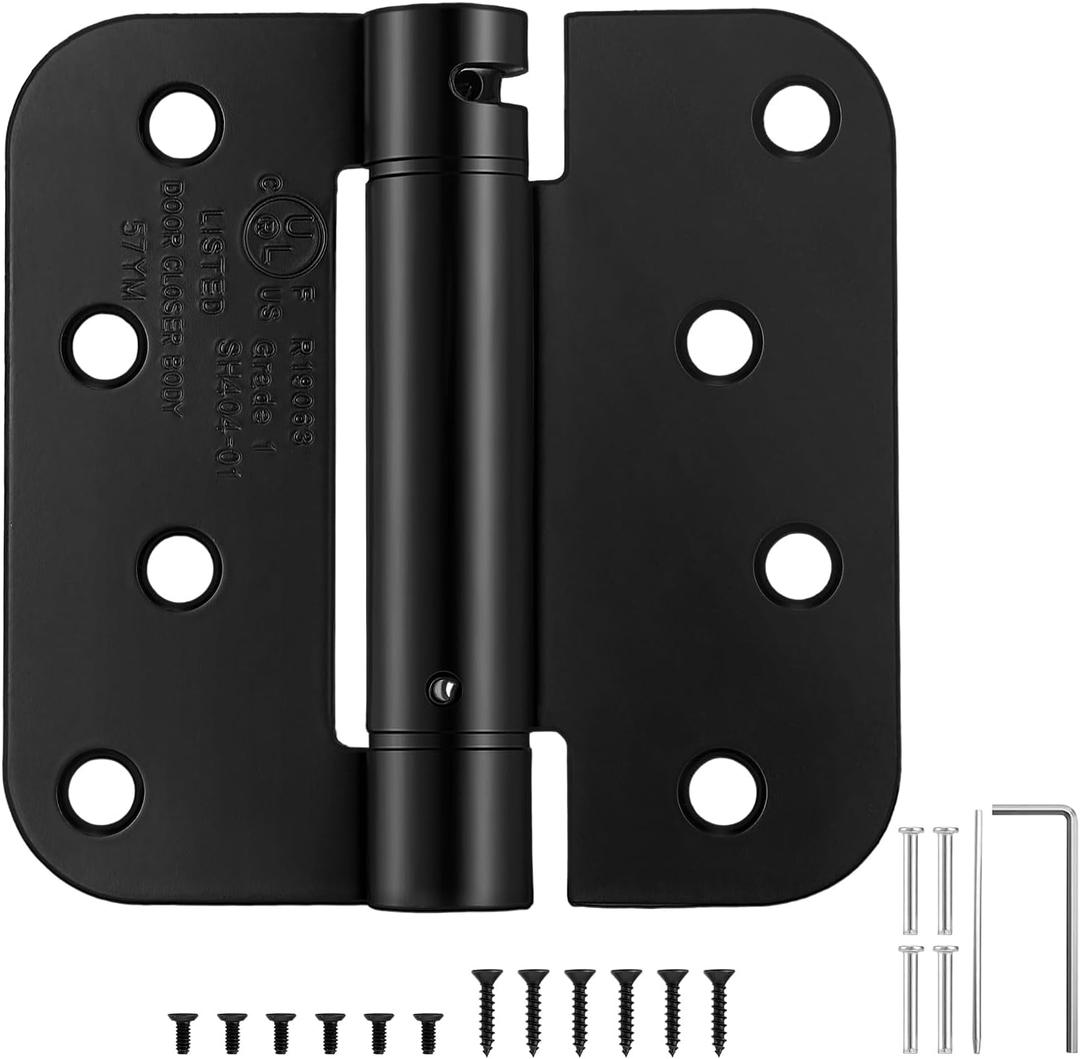 2 Pack | Self Closing Door Hinges 4.04.0, HBL' Automatic Door Closer Hinges with 5/8" Radius Corners, Adjustable Spring Door Hinge for Home, Garage & Basement Doors. (Black)