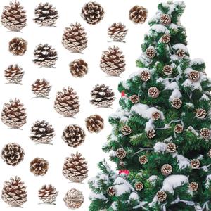 24 Pcs Pine Cone for Christmas Tree Christmas Ornament 3 Size Pine Cone for Craft Decorating with Silver Metal Clip Rustic Farmhouse Xmas Decoration Wreath DIY Gift(Snow)