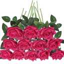 GREENTIME 12 Pack Fuchsia Fake Roses Artificial Flowers with Stems Silk Flower Bouquet for Valentine's Day Home Table Centerpiece Wedding Bridal Decor Baby Shower Engagement Party Decorations