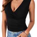 Rooscier Women's Deep V Neck Tank Tops Sexy Sleeveless Wrap Fitted Ruched Shirts (Large, Black)