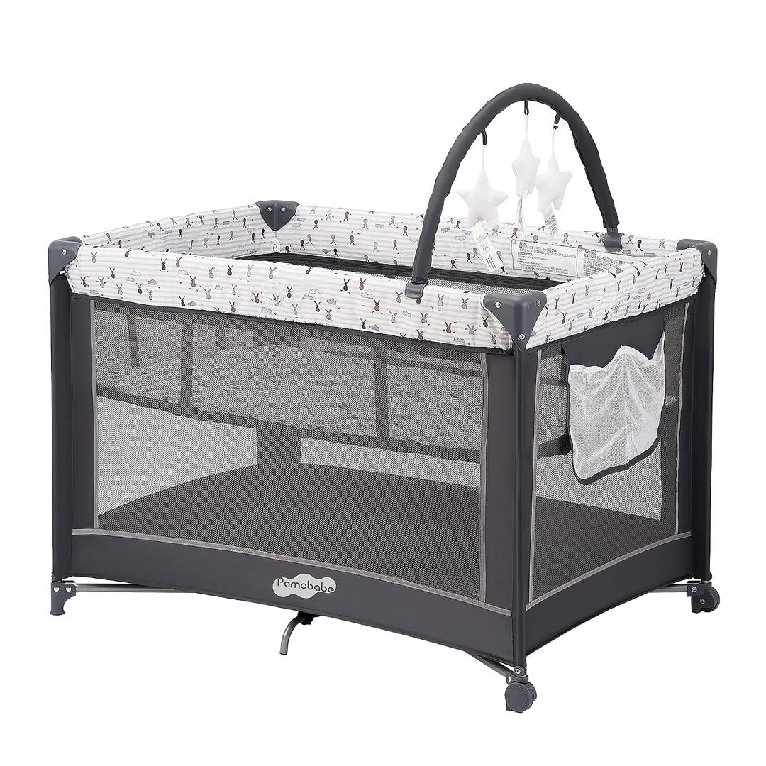 Pamo Babe Pack and Play with Bassinet, Portable Playard for Baby Foldable portable playard, lightweight crib with compact storage for travel & outdoor use 39.37 x 27.55 x 27.55 inches