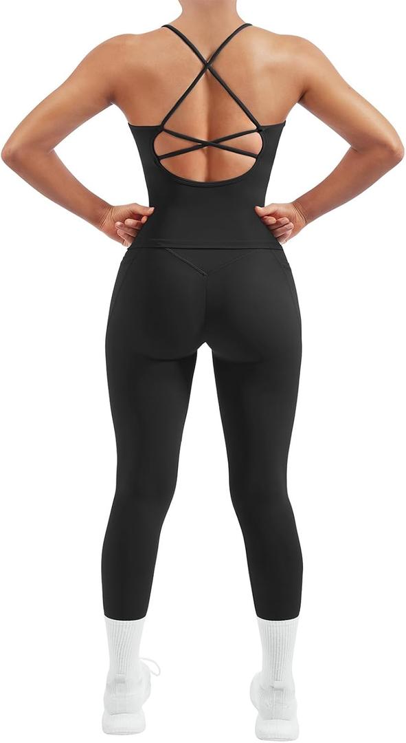 SUUKSESS Women 2 Piece Workout Sets Padded Tank Tops Tummy Control Leggings Gym Outfits (Black, L)