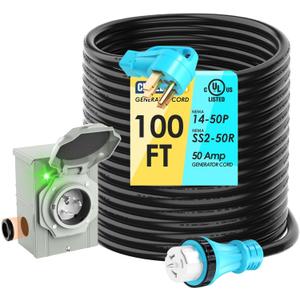 50 Amp 100 Feet Generator Cord and Power Inlet Box Combo Kit NEMA 14-50P Male to SS2-50R STW 6/3+8/1 AWG 125/250V Twist Locking with Inlet Box for Generator to House, UL Listed