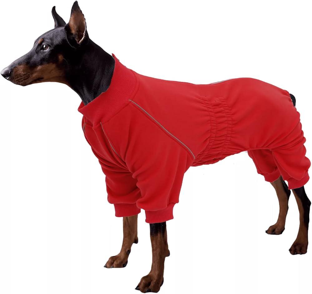 Dog Full Body Warm Fleece Coat with Legs Puppy Pyjamas Jumpsuit Suit with Reflective Zipper Closure Put on and Off Easy and Safety - Red - M