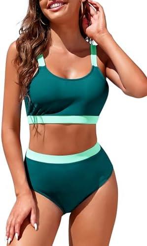 Womens High Waisted Bikini Sets Sporty Crop Top Color Block Swimwear Bandeau Scoop Neck Vintage Two Piece Bathing Suits, L