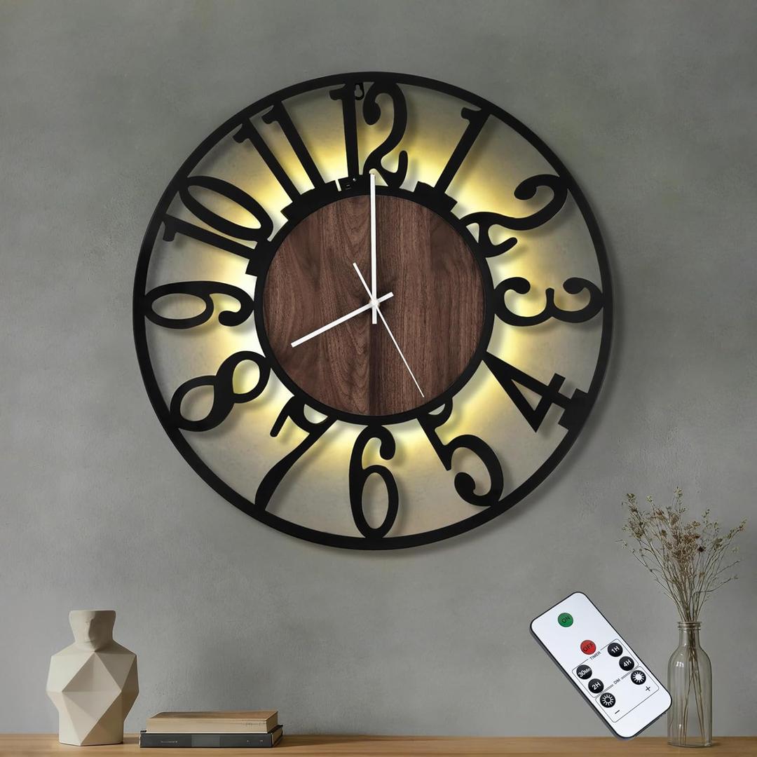 20'' Silent Wall Clock with Adjustable Night Light, Glow in The Dark Decorative Wall Clock Battery Operated, Rustic Modern Metal & Wood Clocks for Living Room Decor, Arabic Numerals