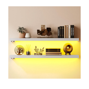 BAMEOS Floating Shelves with LED Lights, 31" White Wall Mounted Wooden Shelves with Invisible Brackets, Set of 2, Hanging Wall Shelves for Bedroom, Bathroom, Living Room and Kitchen Decoration