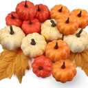 16PCS Artificial Mini Fake Pumpkins Set with Fall LeavesFoam Plastic Carvable DIY Small White Craft Pumpkins Decor for Thanksgiving Halloween Home Fall Porch Table Decor