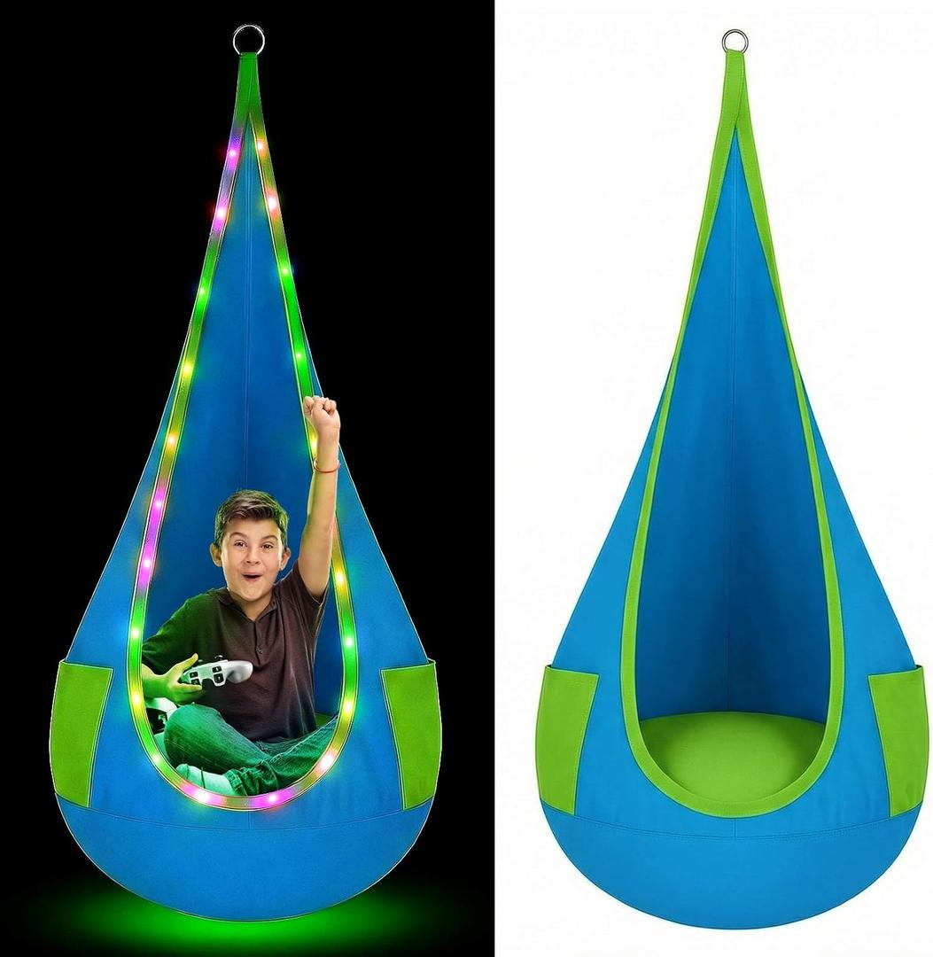 Light up Kids Pod Swing Seat, Hanging Hammock Swing Chair with LED Lights & Inflatable Pod Hanging Chair Sensory Hammock for Kids Bedroom Indoor Outdoor Max 100 Lbs(Blue)