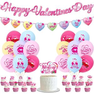 Valentine's Day Party Decorations, Happy Valentines Day Banner with Cupcakes Toppers and Romantic Latex Balloon, Valentines Theme Party Decorations Supplies