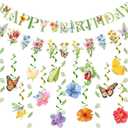Flower Birthday Decorations, Garden Wildflower Party Decorations with Pre-strung Banners, Flower Themed Hanging Swirls, Birthday Decorations for Women Girl (Green Pink)