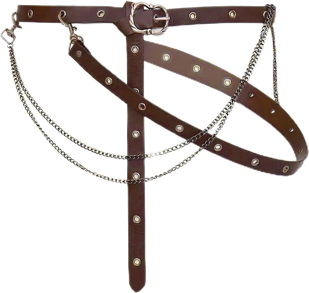 Medieval Chain Belt Faux Leather Metal Cross Adjustable Renaissance Pirate Belts for Women Dresses Cosplay (Brown)