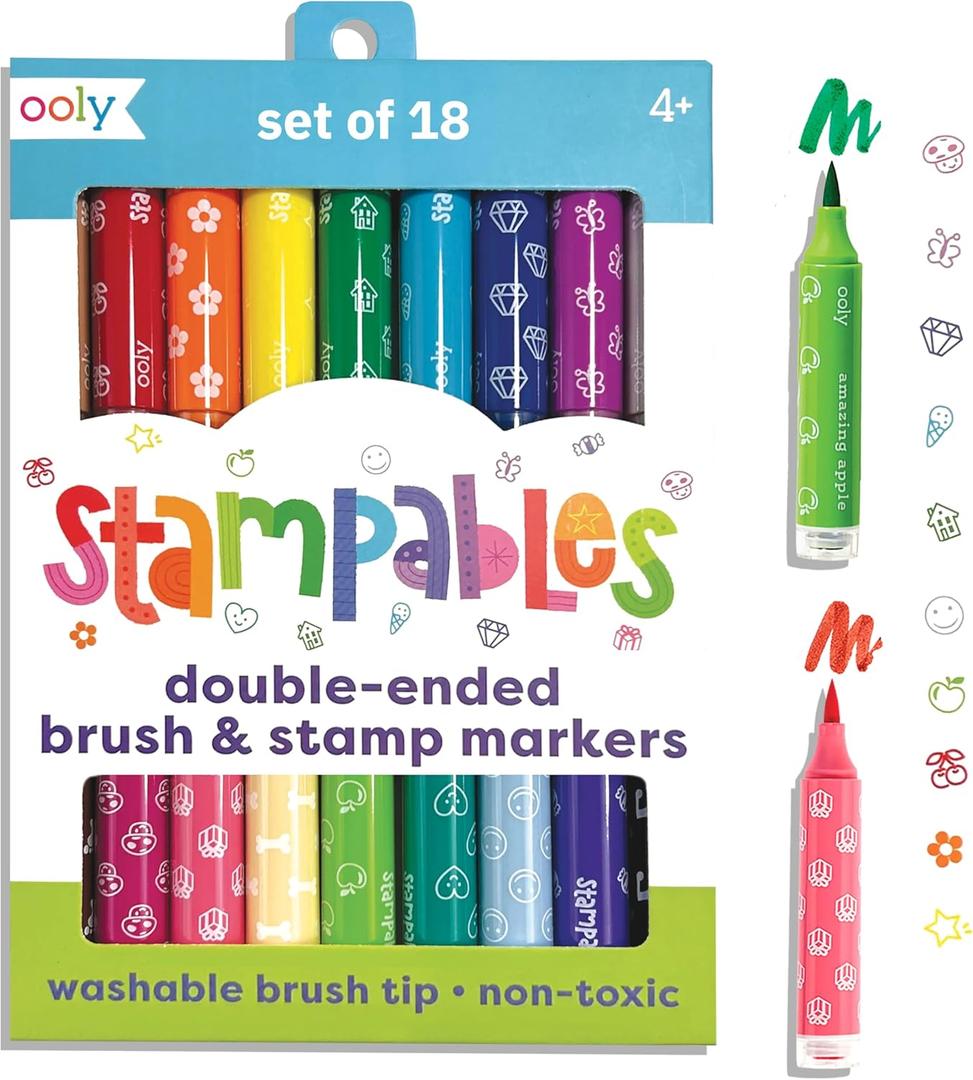 Ooly 18 Double-Sided Stamping Markers- Brush Tip plus Stamp, Cute School Supplies - DOUBLE-ENDED STAMP MARKERS