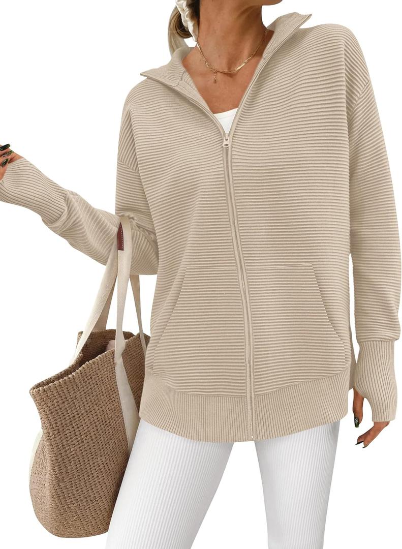 PRETTYGARDEN Womens Fall 2025 Long Sleeve Zip Up Cardigan Sweaters Casual Loose Collared Ribbed Knit Tops Jackets Thumb Hole(Light Khaki, Small)