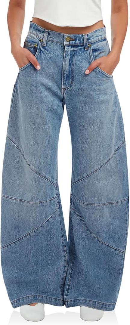 PLNOTME Womens High Waisted Barrel Jeans Casual Loose Boyfriend Wid Leg Denim Pants (4, Light Blue)