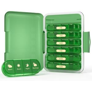 Weekly Pill Organizer 4 Times a Day, 7 Day Pill Box 4X, Portable for Travel Pill Case for Pills/Vitamin/Fish Oil/Medication/Supplements (4x7 Green)