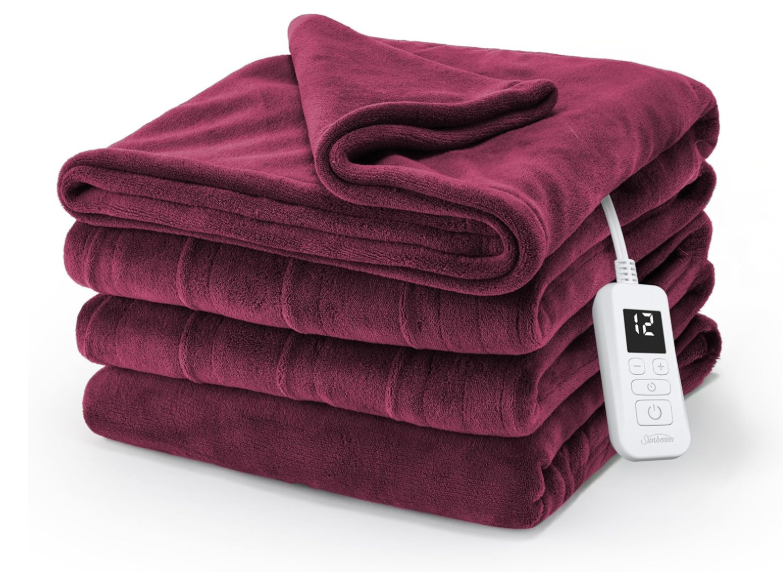 Sunbeam Electric Royal Luxe Microplush Heated Blanket, 12 Heat Settings, 12-Hour Selectable Auto Shut-Off, Fast Heating, Warm and Cozy, Cabernet Color, Full, 84" x 72" 