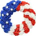 4th of July Wreath with Handmade Wooden Stars - 13 Inch Patriotic Front Door Wreath, Red White Blue American Flag Decor for Porch, Indoor Outdoor Memorial Day Independence Day