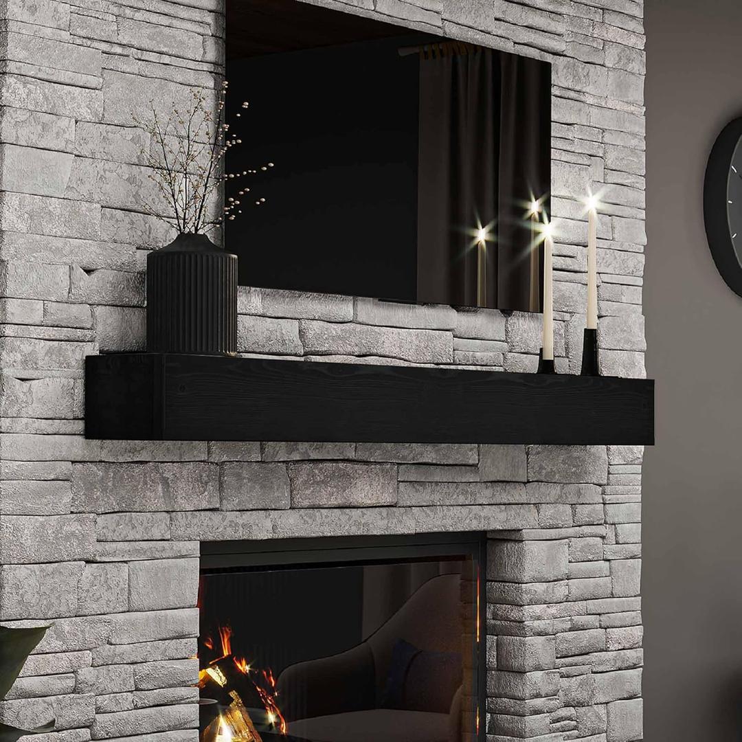 BoscoMondo 6.7" Thick Rustic Fireplace Mantel Shelf- Pine Wood - Wall Decor, Mounted Farmhouse Shelving (Grey, 66 Extra Thick) (Deep Black)