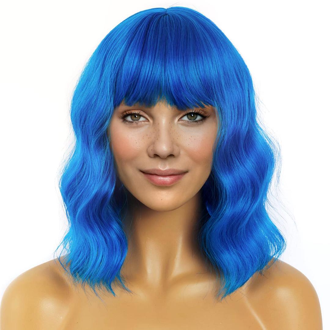 LANICE Blue Wig Short Bob Wigs with Bangs for Women Loose Wavy Hair Shoulder Length Blue Wig Synthetic Colorful Wigs for Cosplay Daily PartyUse(Blue,12inch)