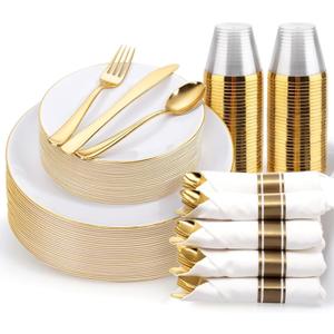 KIRE 175PCS Gold Plates Disposable - Heavy Duty White and Gold Plastic Plates Dinnerware Sets - 25 for Dinner 25 for Dessert 25 Pre Rolled Napkins and 25 Cups for Birthday/Valentine's Day/Wedding
