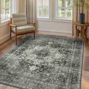 GENIMO 9x12 Area Rugs for Living Room, Machine Washable Non Slip Vintage Rugs, Low Pile Lightweight Chenille Print Rug for Bedroom, Dining Room, Home Office,
