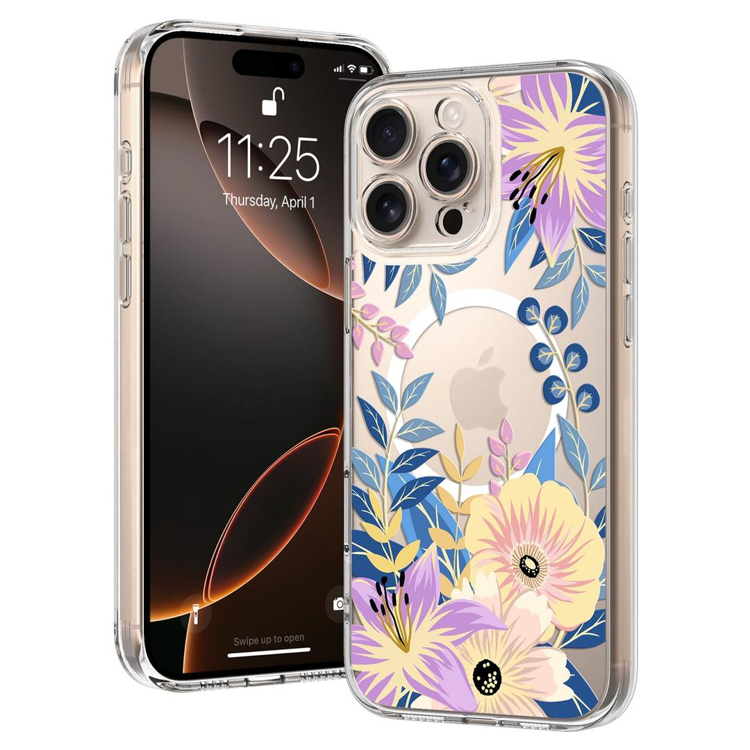 OOK Magnetic for iPhone 16 Pro Max Case Clear Pretty Flower Girls Women