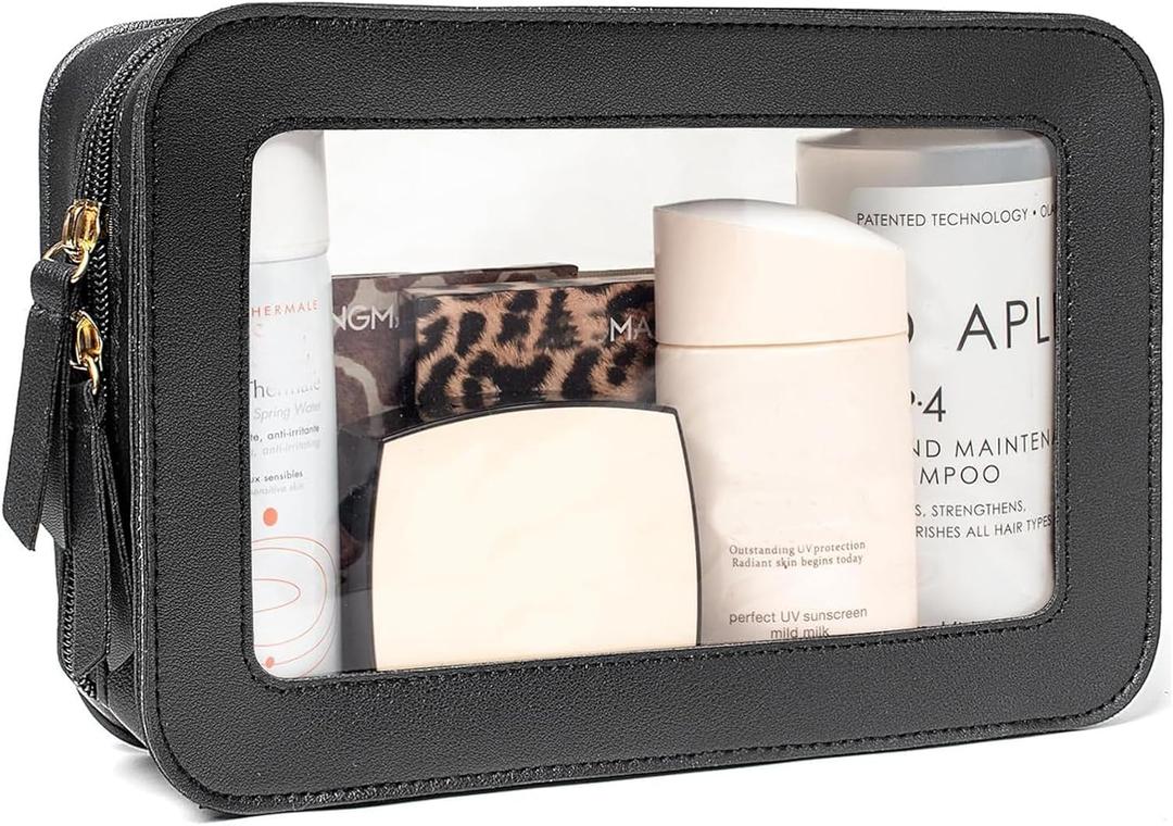 Clear Makeup Bag Small, TSA Approved Portable Toiletry Bag with Zipper Cosmetic Travel Bag Makeup Organizer Case Mini Makeup Pouch for Purse Car Organizer Bag for Women Men (Black)