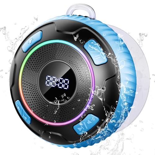 Hupoaf Bluetooth Shower Speaker, Wireless Bluetooth 5.3, HD Sound, Portable Speaker with Suction Cup/Hook, IPX7 Waterproof, with LED Light/Time Display, for Bathroom/Outdoor/Party/Beach/Kayak/Gift