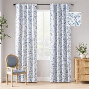 jinchan 95% Blackout Floral Curtains 84 Inches Long, Printed Flower Blue Blackout Curtain for Bedroom Rod Pocket Back Tab Blackout Curtains Thermal Insulated Window Drapes, 2 Panels Blue