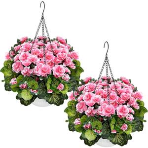 2 Sets Artificial Hanging Baskets Flowers for Outdoors, Already Assembly Silk Flower with Hanging Baskets UV Resistant Realistic for Spring Summer Garden Porch Yard Patio Outside Decor, Pink