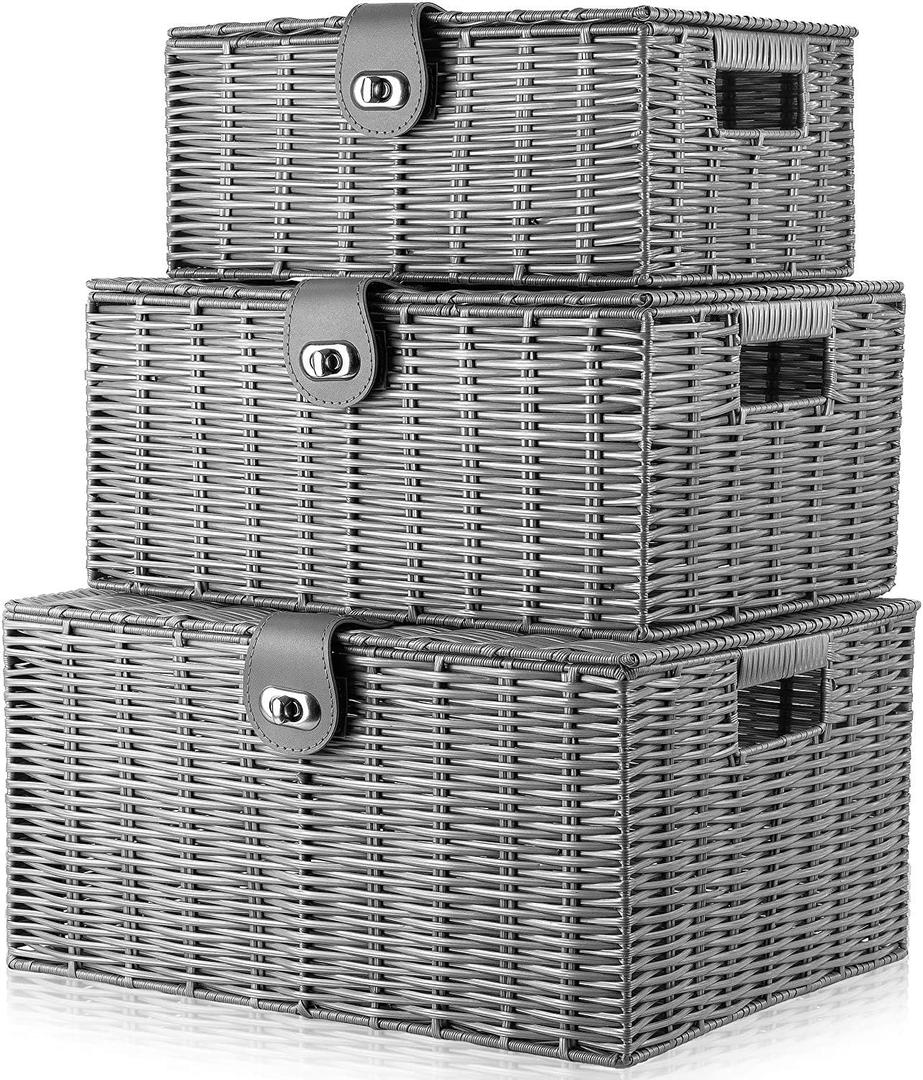 Set of 3 Woven Wicker Storage Basket Box with Lids & Lock, Built-in Carry Handles, Multifunctional Storage Organizer for Nursery, Baby, Clothes, Toys, Books, Large/Medium/Small Size (Grey)
