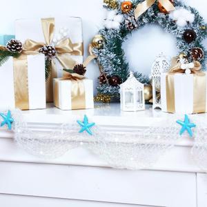 10 Feet Christmas Coastal Garland Ocean Beach Nautical Starfish Themed Fishnet Hanging Ornaments Decoration for Christmas Tree, Mantel, Curtains