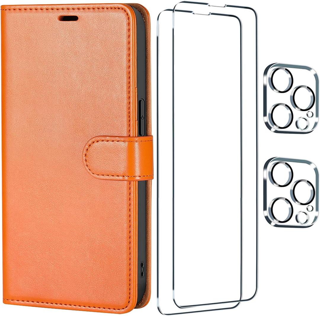 [5 in 1 for iPhone 14 Pro Wallet Case with Card Holder, PU Leather RFID Blocking Stand Cover Magnetic Case with 2 Screen Protector and 2 Camera Lens Protector, Shockproof Flip Phone Case Orange