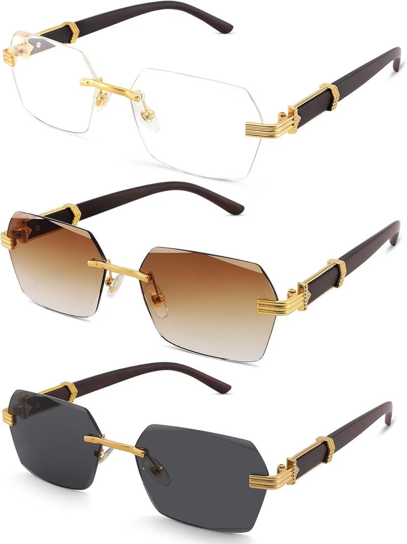 Hycredi Rimless Rectangle Sunglasses Men Women Retro Frameless Square Shade Y2k Sun Glasses Tinted Eyewear (A1 * 3 Pack (White + Brown + Gray))