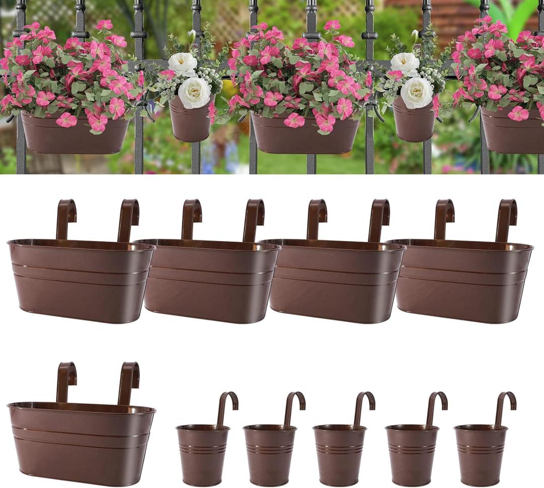 HowRU Metal Iron Flower Pots for Railing Fence Hanging Pots(5 Pcs) and Hanging Flower Pots Metal Iron Planter(10 Pcs) (Bronze)