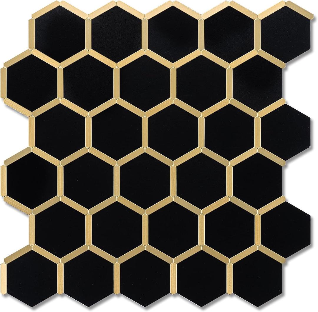 Hexagon Peel and Stick on Backsplash for Kitchen and Bathroom, Black Marble Look PVC Mixed Metal Gold Self Adhesive Metal Mosaic Tiles(10 Sheets, Seamless), 11"L x 10.6"W x 0.1"H