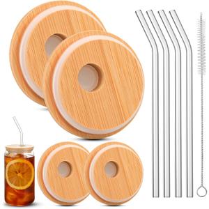 4 Pack Bamboo Lids For Glass Cups,Cymuber Reusable Wooden Lids for Glass Cups,Fit for 2.36 inch/60mm Internal Diameter Airtight Regular Mouth with Canning Lids for Drinking jars, Beer Glasses,Soda Can