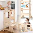 4-in-1 Toddler Kitchen Step Stool, Foldable Learning Standing Tower with Whiteboard, Wooden Kitchen Stool Helper for Kids, 1-3 Year Old Boy Girl Gifts