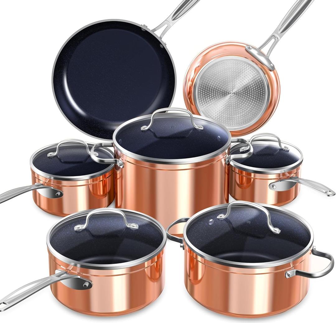 Nuwave Healthy Duralon Blue Ceramic Nonstick Cookware Set, Diamond Infused Scratch-Resistant, PFAS Free, Dishwasher & Oven Safe, Induction Ready & Evenly Heats,Tempered Glass Lids & Stay-Cool Handles (Metallic Rustic Copper)
