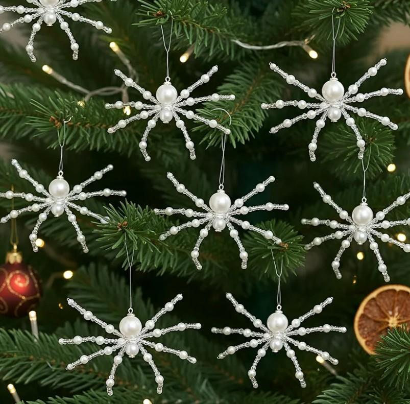 8 Pcs White Christmas Spider Ornament Glitter Beaded Spider Hanging Ornaments Decorations for Christmas Tree Holiday Decor Gift