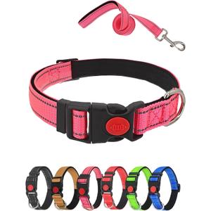 Aeclleca Reflective Dog Collar and Leash Set with Safety Locking BuckleAdjustable Soft Nylon Pet Collars for Small Medium Dogs (Pink, XL)