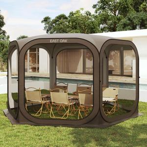 East Oak Screen House Tent Pop-Up, Portable Screen Room Canopy Instant Screen Tent 12 x 12 FT with Carry Bag for Patio, Backyard, Deck & Outdoor Activities, Brown