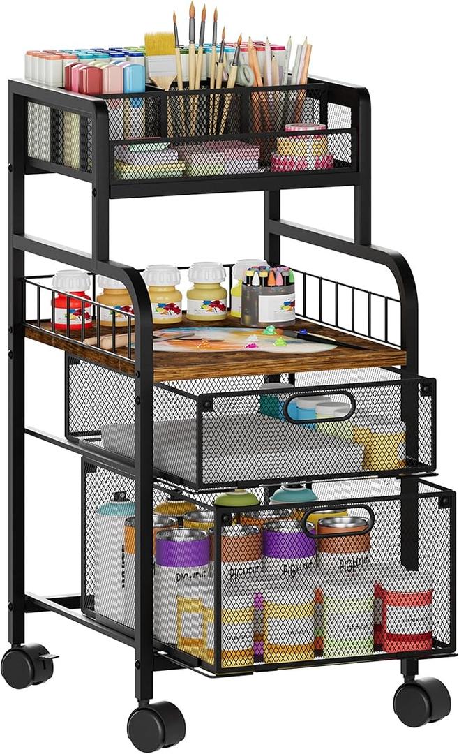 SWTYMIKI Rolling Cart with Drawers  Metal Utility Cart with Wood Shelf, DIY Divider and Locking Wheels, Craft & Art Cart Organizer for Under Desk Storage for Home Office Studio, Espresso