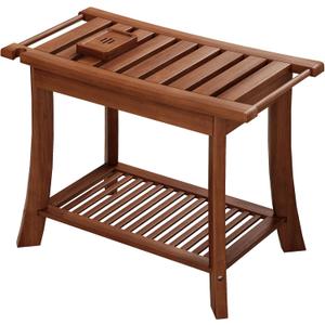 Teak Shower Bench, 24 Inch Teak Shower Stool 300lbs Wood Shower Chair Seat with Storage Shelf Towel Rack for Bathroom Indoor and Outdoor Use