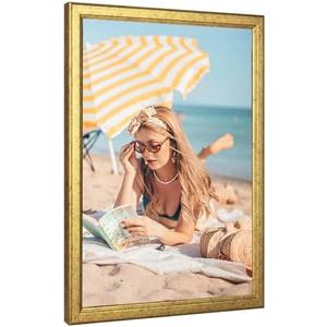 MOUDAMION Wood 22x30 Frame Gold, Ornate Natural 30x22in Poster Picture Frame, Modern Golden 22 x 30inch Gallery Wall Photo Frame with HD Plexiglass, Horizontal Vertical Wall Mounting Display 1pcs